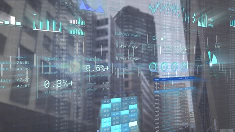 animación del procesamiento de datos financieros sobre el paisaje urbano