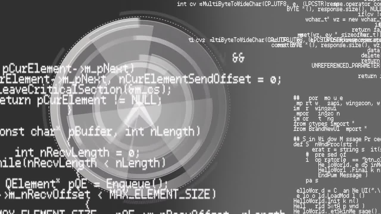 animación de escaneo de alcance circular con manecillas de reloj e información en blanco sobre gris