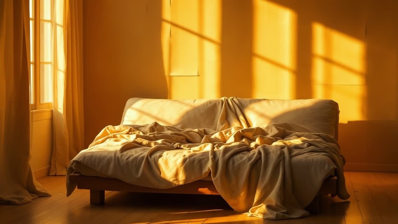 Cozy bedroom featuring an unmade bed with crumpled blankets, illuminated by warm sunlight filtering through large windows, creating a serene and inviting atmosphere in the space