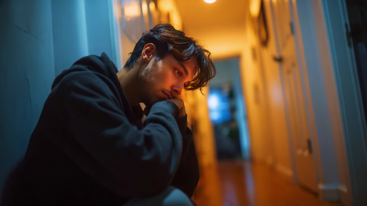 A Thoughtful Reflection: Capturing the Mood of Contemplation and Quiet Solitude in a Dimly Lit Hallway, Ideal for Understanding Inner Struggles and Emotions