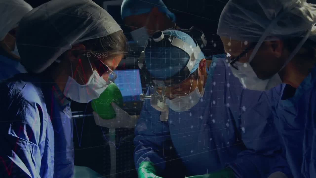 Animation of digital interface over surgeons in operating theatre