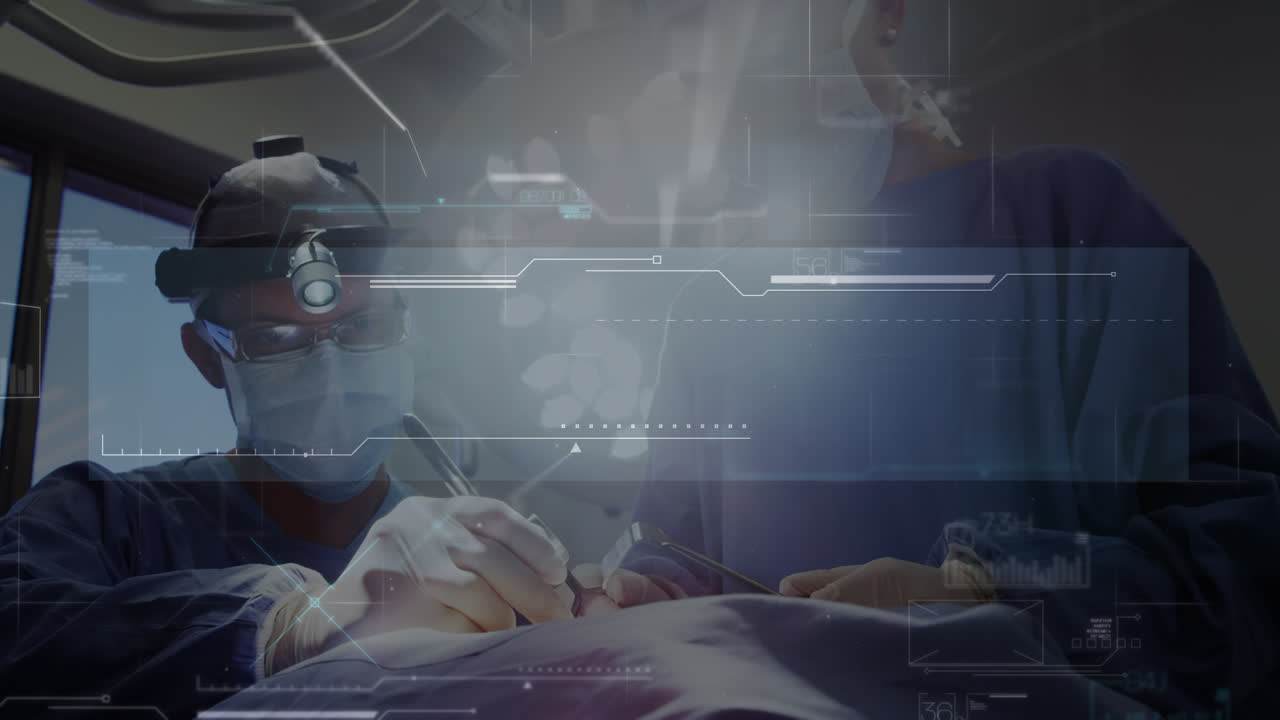 수술실에서 백인 남성 외과 의사에 대한 데이터 처리의 애니메이션