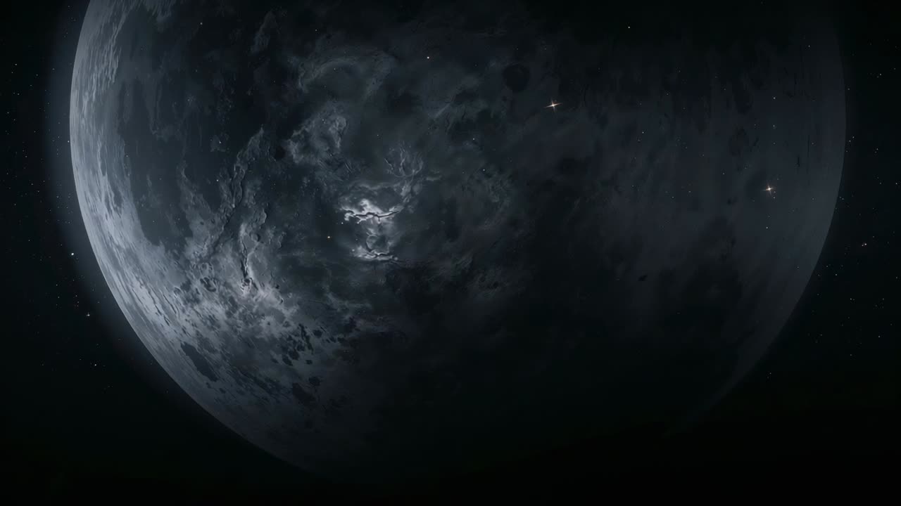 Camera settling revealing planet with left limb and vortex in space, stars to right, showing clouds