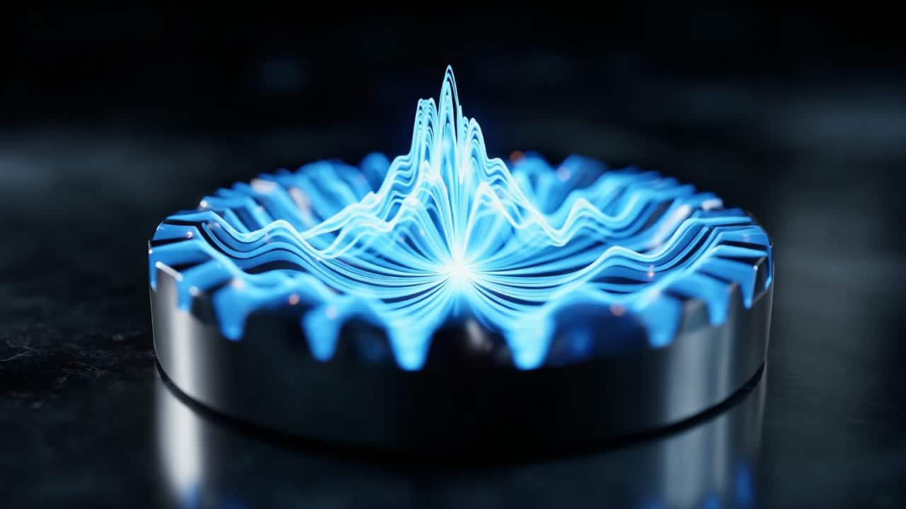 Dynamic Visualization of Energy Waves: A Stunning Display of Blue Light and Fluid Motion Rising from a Metallic Base, Capturing the Essence of Vibrations and Sound in an Artistic Representation