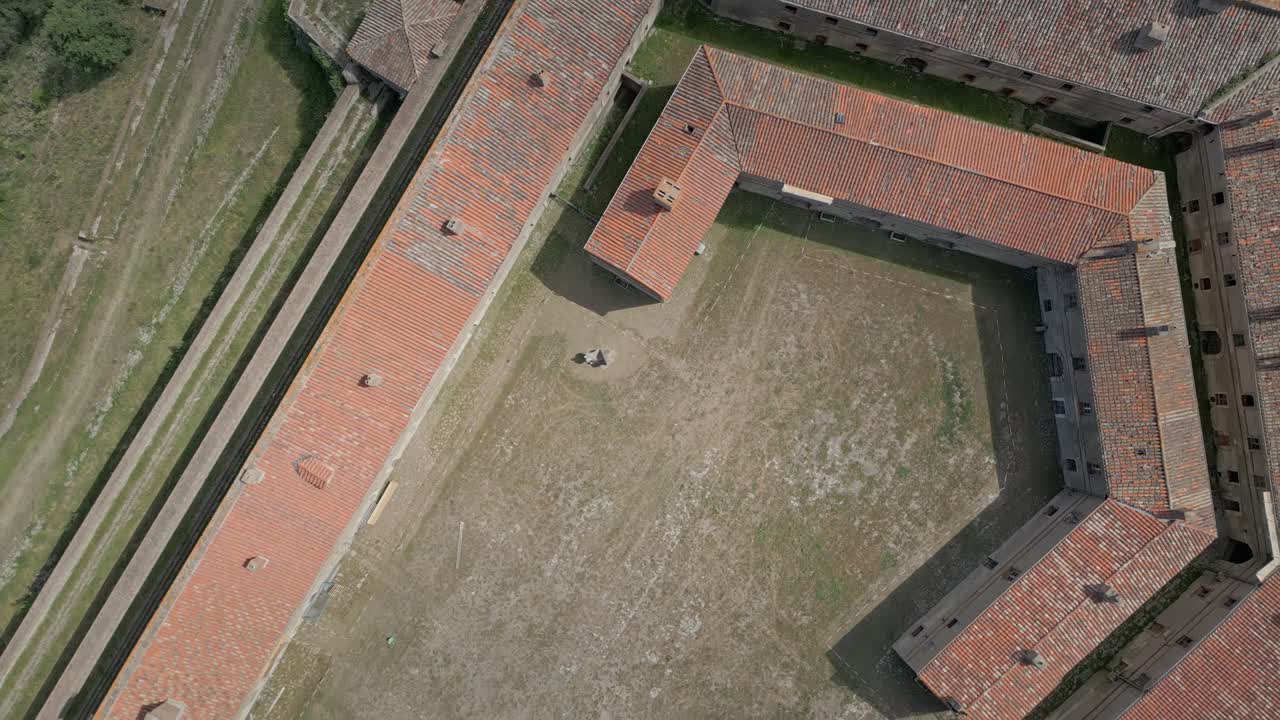 Drone Tops Down Medieval Fortification architecture at Fort de Bellegarde France