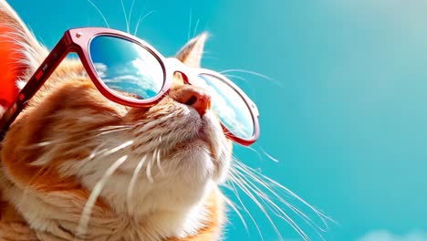 a cat wearing a pair of red sunglasses looking up at the sky