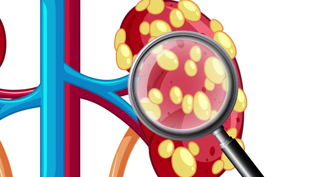 Vector animation shows kidney cancer progression, tumor growth, and magnified close-up with smooth transitions