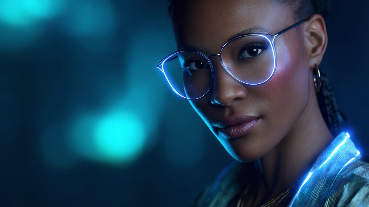 Ritratto accattivante di una donna sicura di sé con occhiali alla moda e un bagliore al neon, su uno sfondo blu tenue, che enfatizza la moda moderna e l'eleganza.