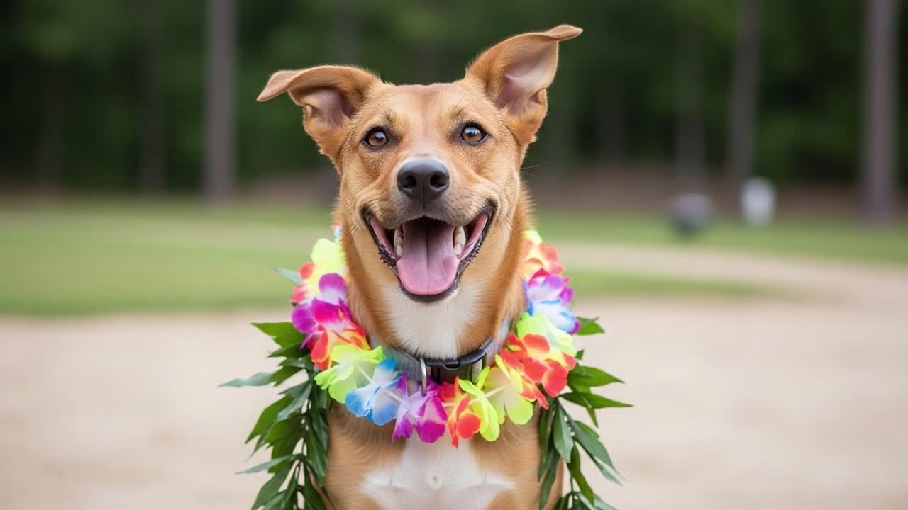 A Joyful Dog Wearing a Colorful Floral Lei, Capturing the Essence of Happiness and Playfulness in a Lush Outdoor Setting, Radiating Delight and Charm