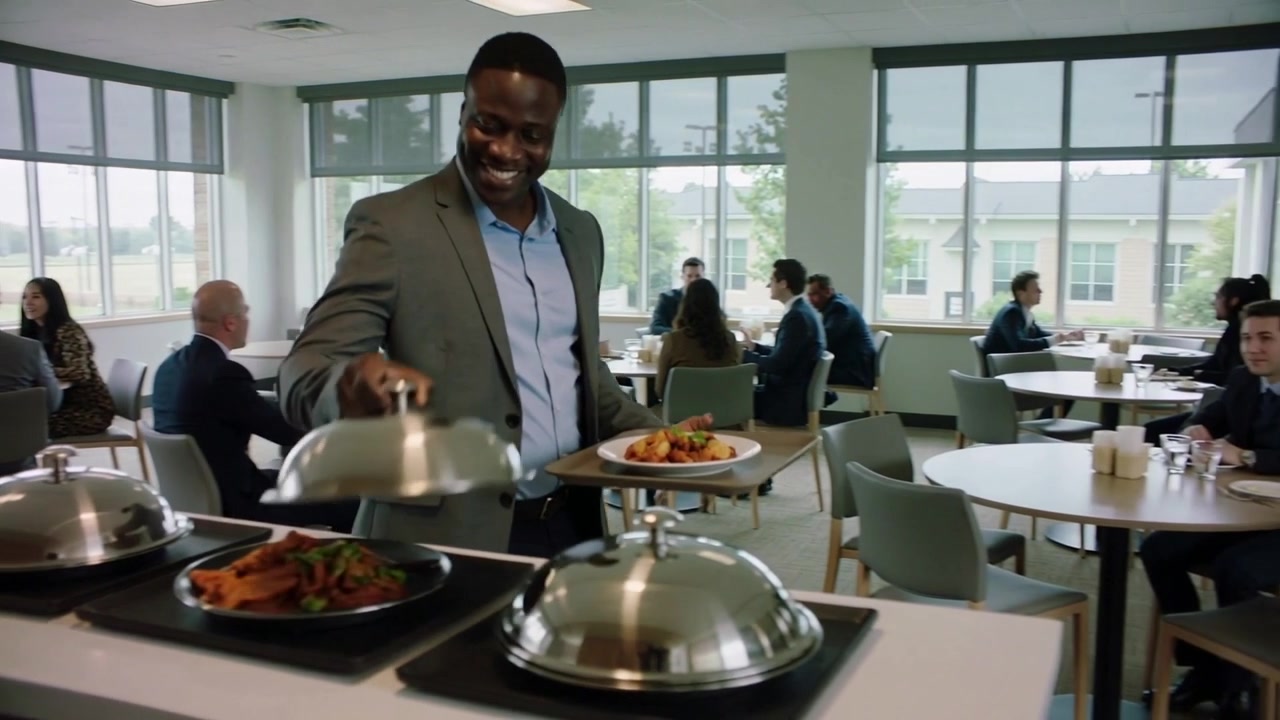 Carrying tray, African American man in gray suit serving himself at corporate buffet, opening lids