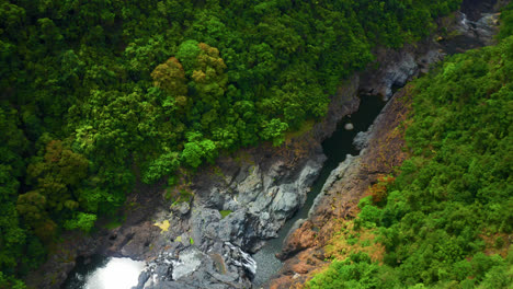 fly over rocky river with tropical rainforest in kuranda near cairns, qld australia