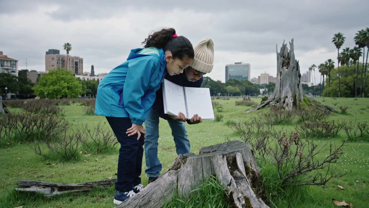 Bambini chinati vicino a un ceppo, in giacca blu e berretto di lana, esaminano un quaderno a spirale nel parco, studiando