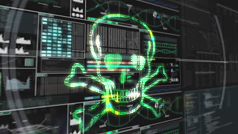 la pantalla de la computadora hacker falla el símbolo de peligro verde virus del cráneo, bucle de fondo, monitor, alarma de seguridad, firewall
