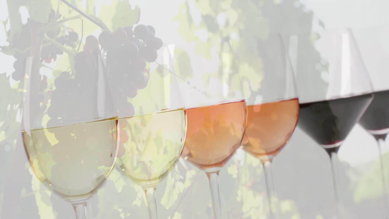 Composizione di bicchieri di vino bianco, rosato e rosso su sfondo di vigneto.