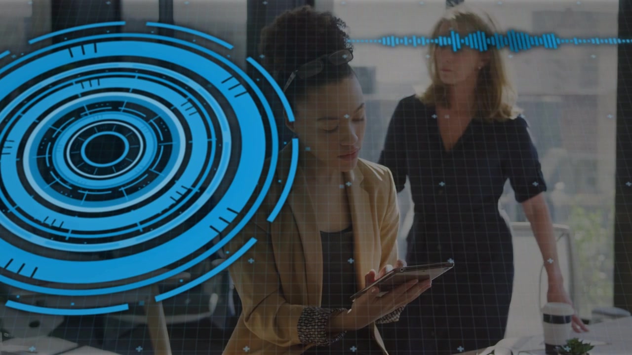 Main woman tapping device, plugging cable in tech office, testing HUD waveform and scrolling code