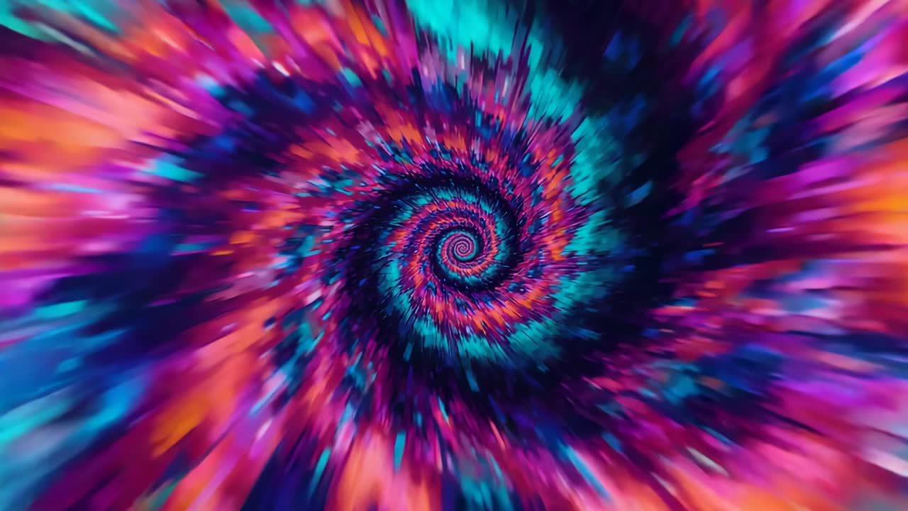 Opening spiral vortex pulsing and rotating inward in digital abstract field, forming neon tunnel