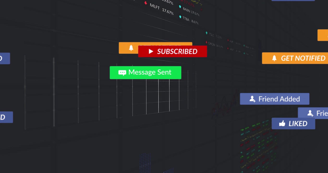 Grid tilting buttons sliding and clicking glowing labels clustering on data path showing engagement