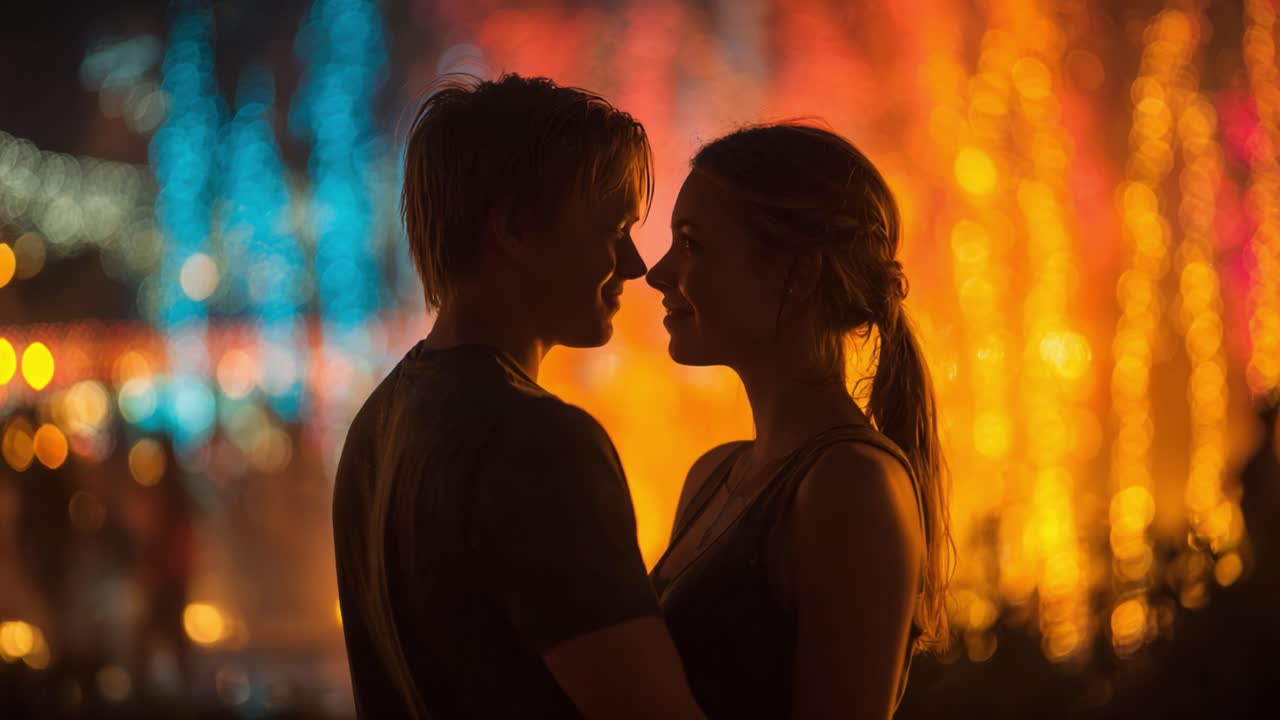 Romantic Evening Embraced by Colorful Fireworks: A Couple in Silhouette Captured in the Magic of Love and Nighttime Celebration
