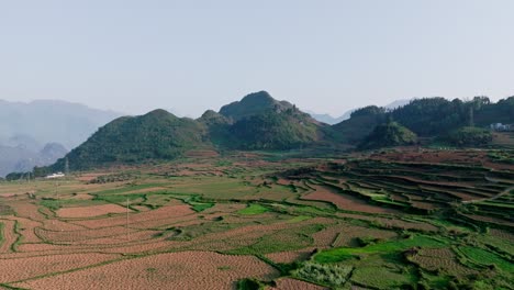 esta grabación de avión no tripulado captura la serena belleza de ha giang, vietnam, mostrando los extensos campos de arroz en terrazas en un telón de fondo de montañas verdes exuberantes