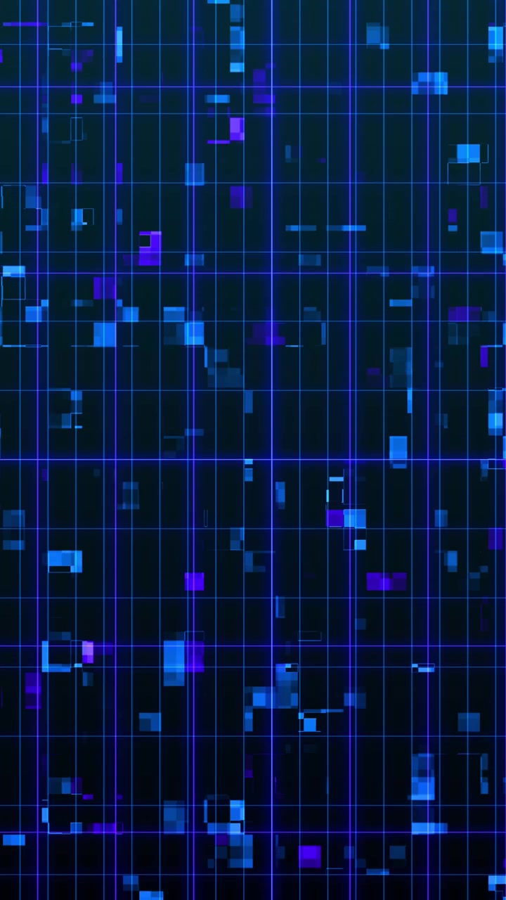 Abstract Digital Grid Background with Flickering Blue and Purple Pixels