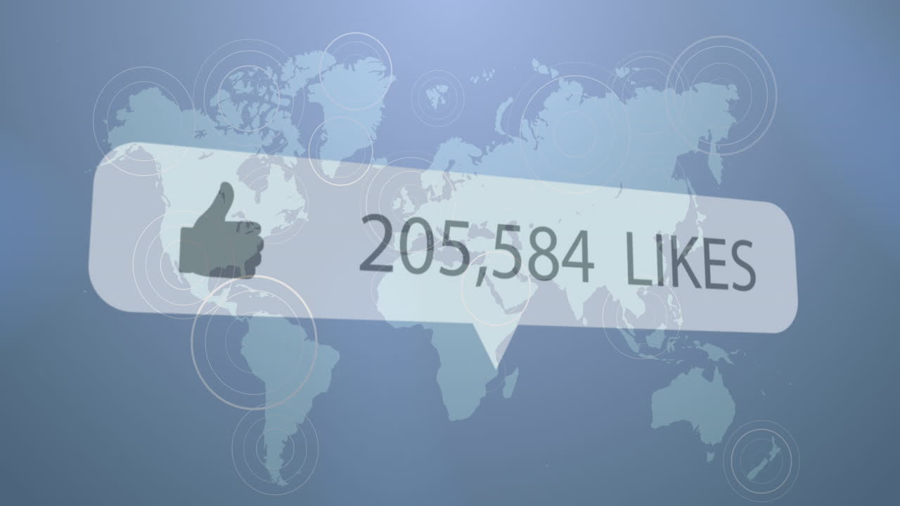 세계 지도 위의 소셜 미디어 아이콘과 텍스트의 애니메이션