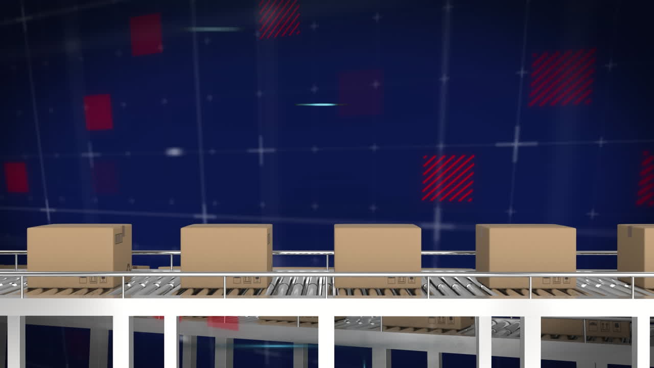 렌즈 플레어와 사각형 위에 컨베이어 벨트에서 움직이는 카드보드 상자의 애니메이션
