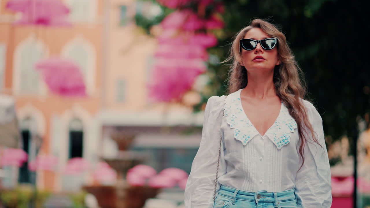 Woman looking around under rows of pink umbrellas above the streets of the old town of Grasse, France