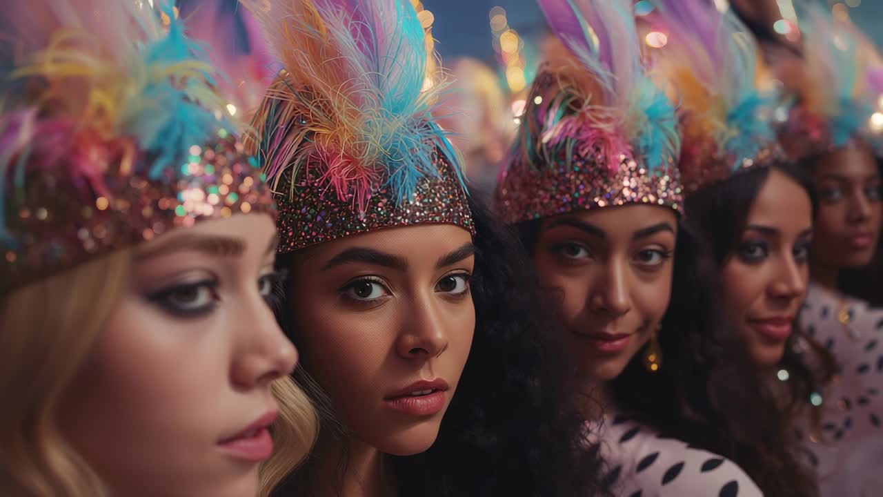 Camera rack focusing across five women lineup in performance hall, highlighting sequin headbands