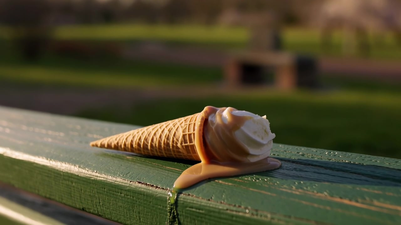 Ampia scena di un parco all'aperto con prati verdi, alberi spogli, fiori in boccio e una struttura in cemento sulla destra. Un cono gelato sfocato si trova nella parte inferiore