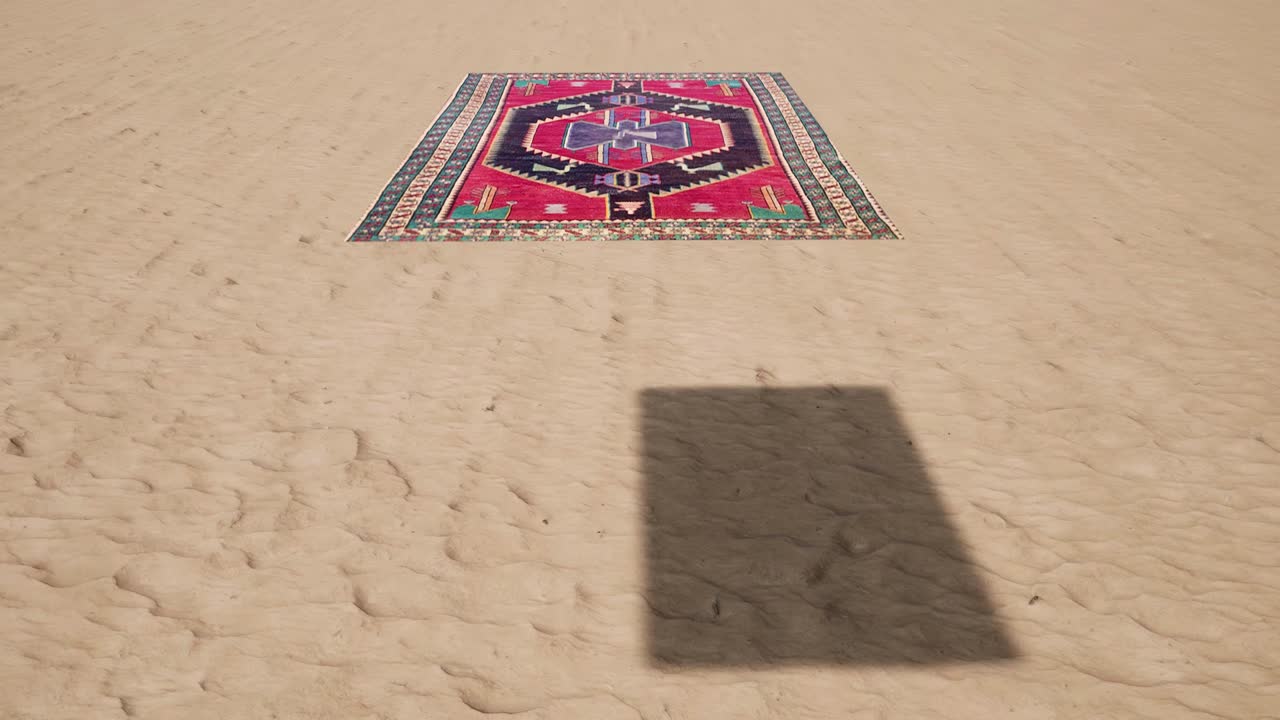 un concepto abstracto de una alfombra mágica volando bajo sobre la arena del desierto - bucle sin costuras
