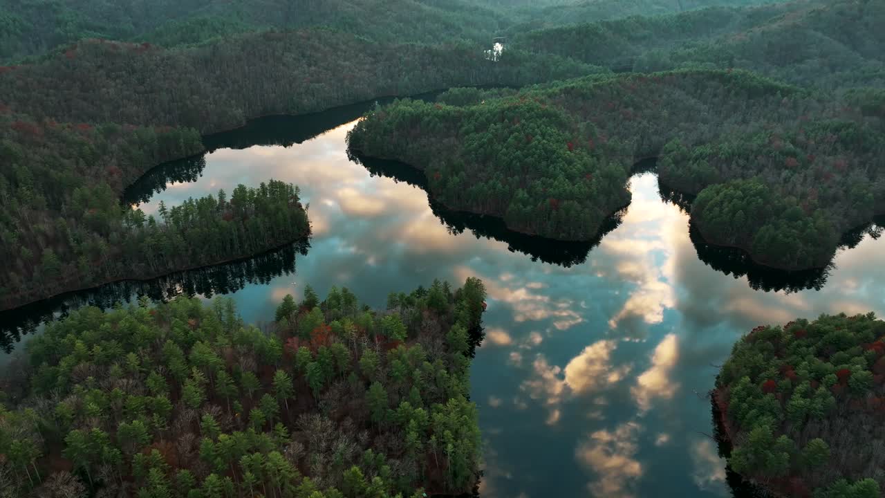 Reflections of Lake Santeetlah, North Carolina during golden hour