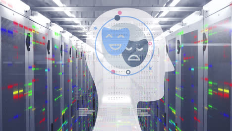 Animation-of-head-with-masks-and-colourful-shapes-over-server-room