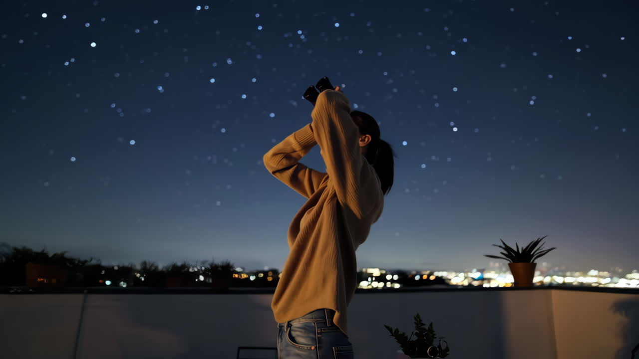 Woman observing the night sky with binoculars from a rooftop