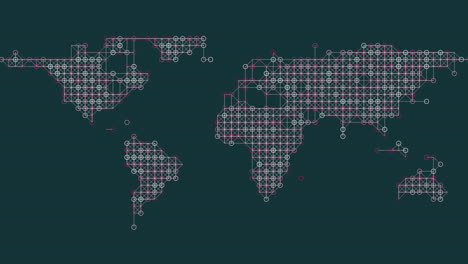 a world map visualized through a grid of purple dots, gracefully outlining continents and countries, showcasing a strikingly unique and creative representation of global geography