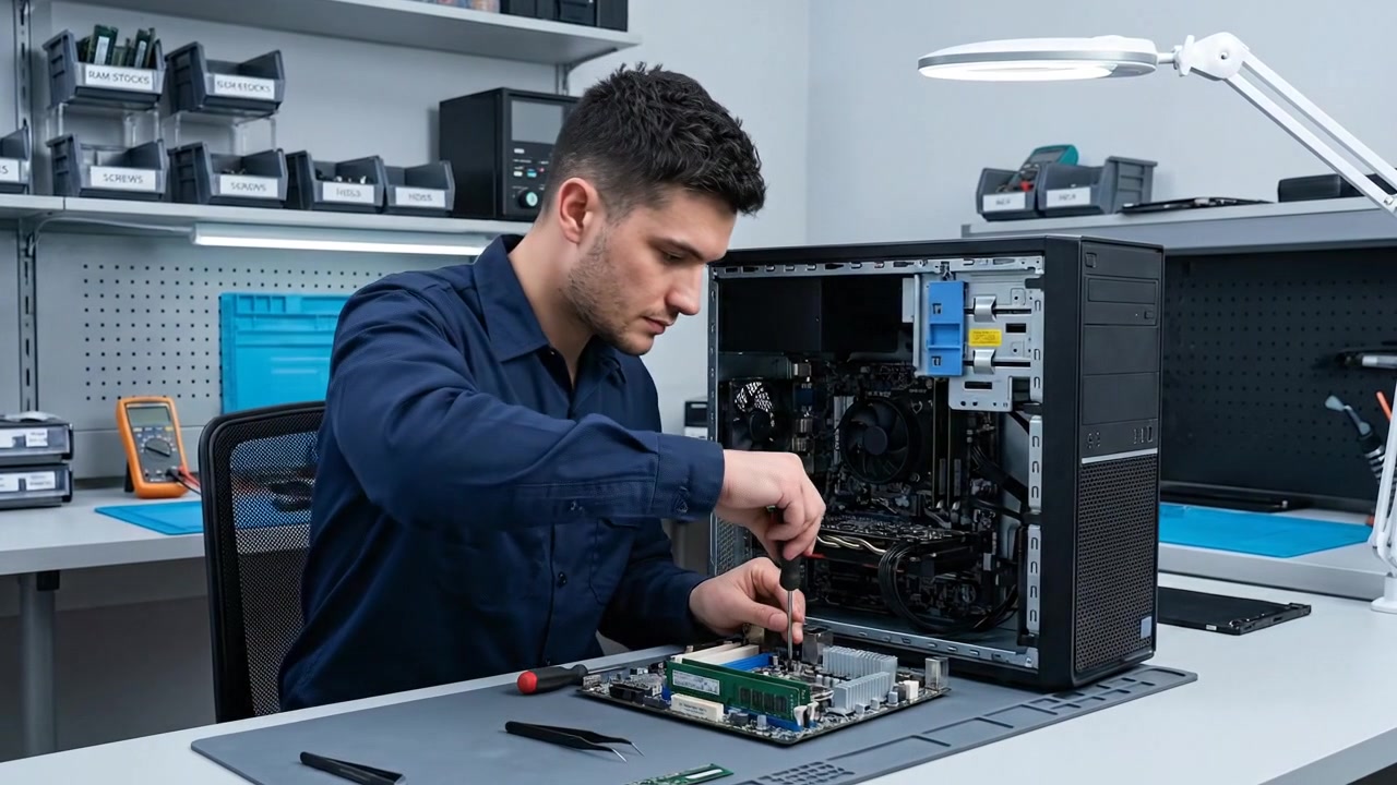Computer technician repairing and assembling desktop hardware components