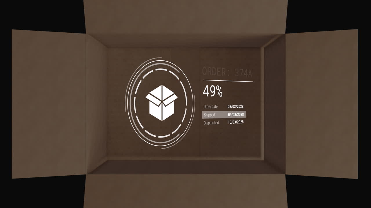 animación de iconos con procesamiento de datos sobre caja abierta sobre fondo negro