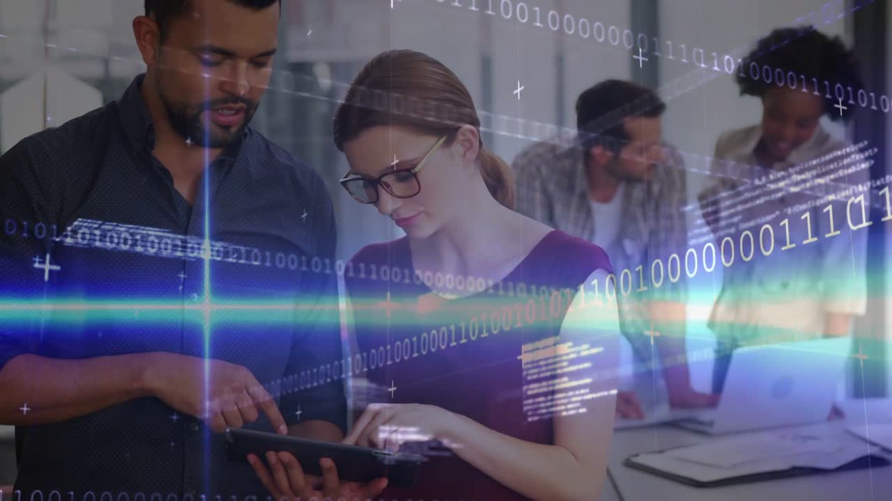 Man pointing tablet, woman editing in tech office updating project, code over scene, team at laptop
