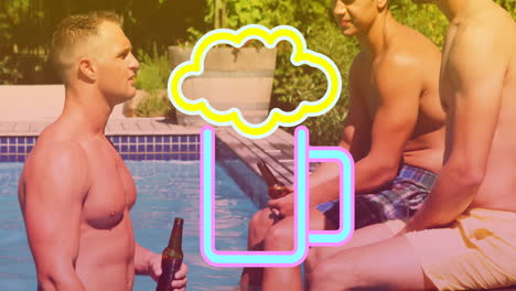 animación de un vaso de cerveza sobre amigos caucásicos hablando en la piscina