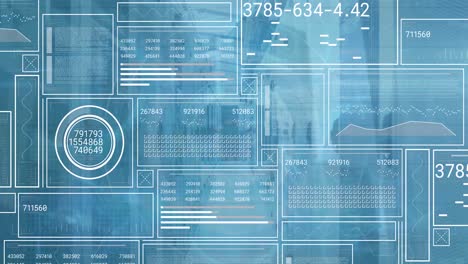 Animation of digital data processing and digital interface and grid over blue background