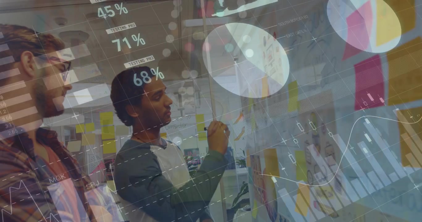 Animation of graphs and financial data over diverse coworkers brainstorming in office