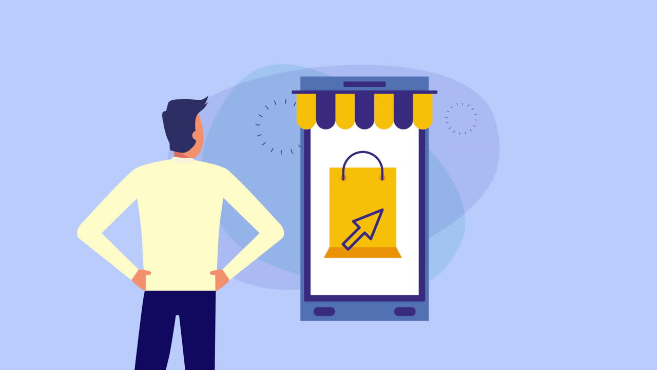 스마트 폰과 전자 상거래 앱을 가진 우아한 사업가 노동자