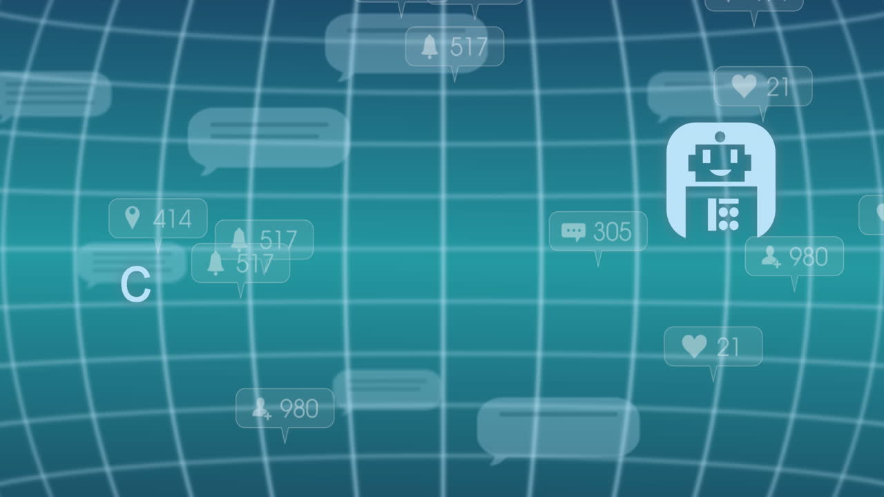 채팅 아이콘과 그리드와의 연결 네트워크로 데이터 처리의 애니메이션