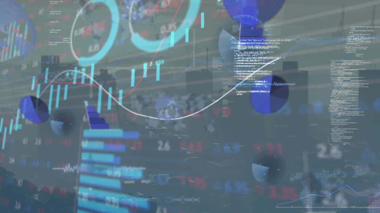 도시 풍경 위의 금융 데이터 처리 애니메이션