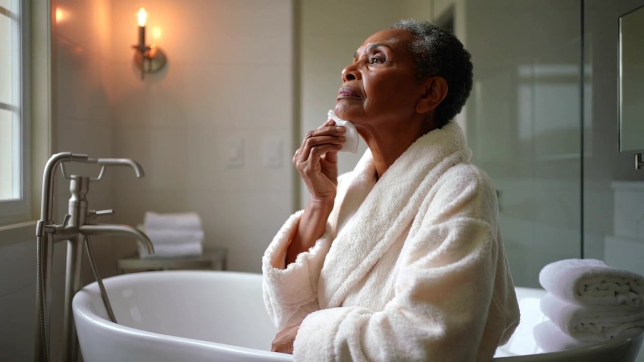 Glancing at window, senior cleansing jawline and neck with cotton pad at home, wearing white robe