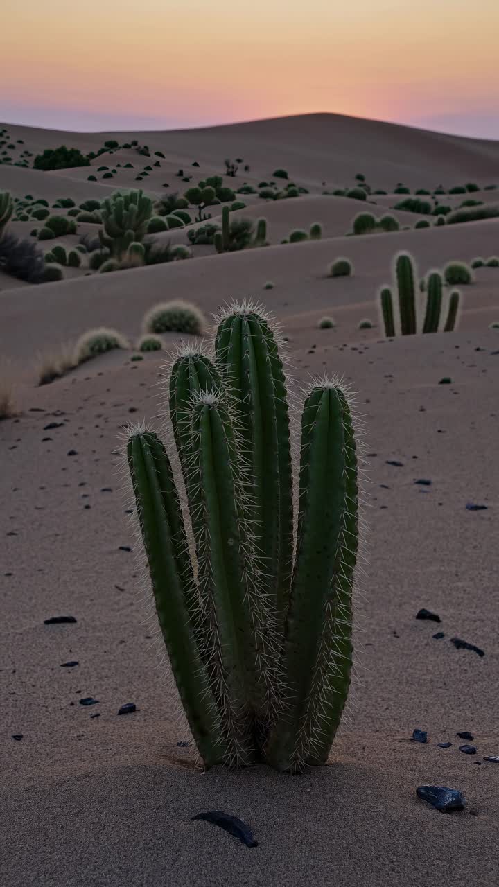 Tramonto su un paesaggio desertico con cactus, ripreso da un angolo inferiore