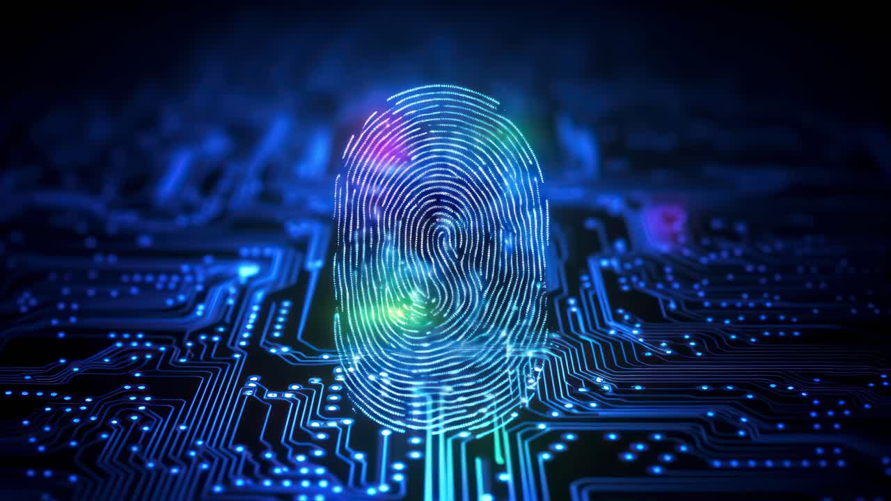Futuristic video concept with a glowing fingerprint on a circuit board
