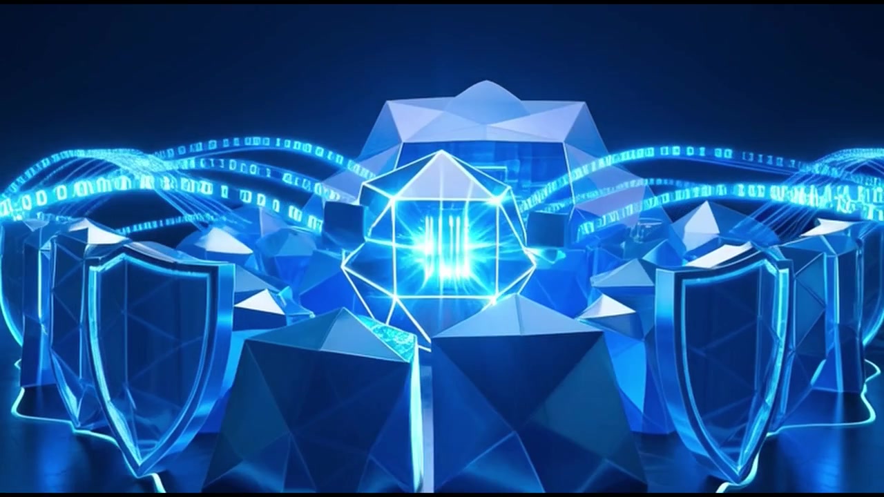 Abstract Digital Cybersecurity Concept with Glowing Geometric Shapes and Binary Code