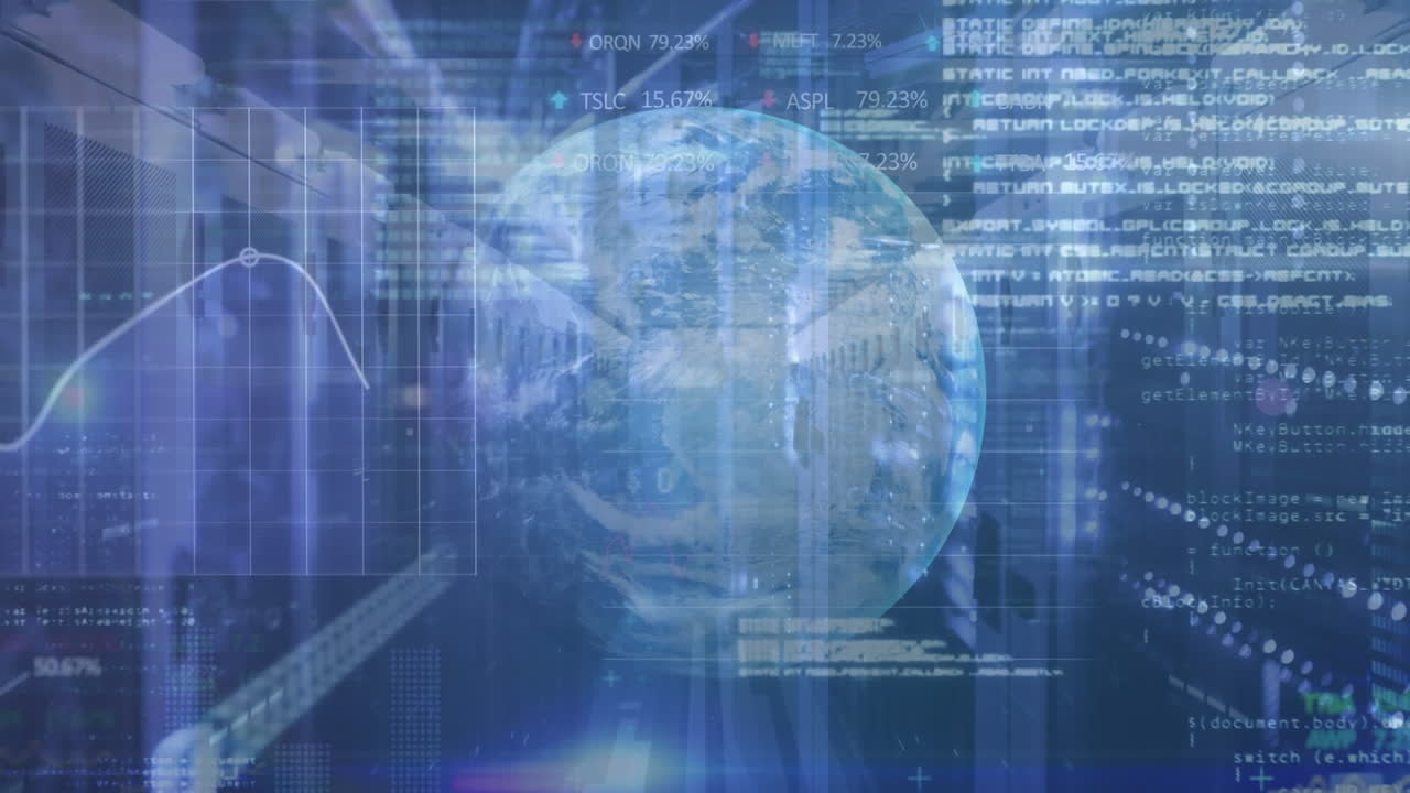 Animation of data processing over screens and globe of connections