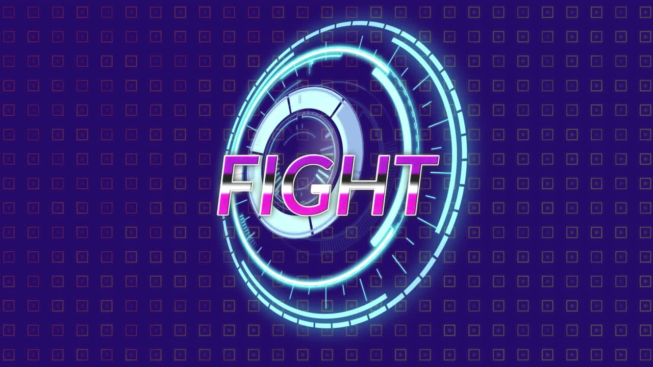 Animation of fight text over scope scanning on purple background