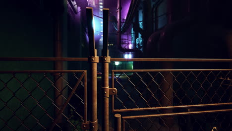 a rusty gate in a dark city alley at night